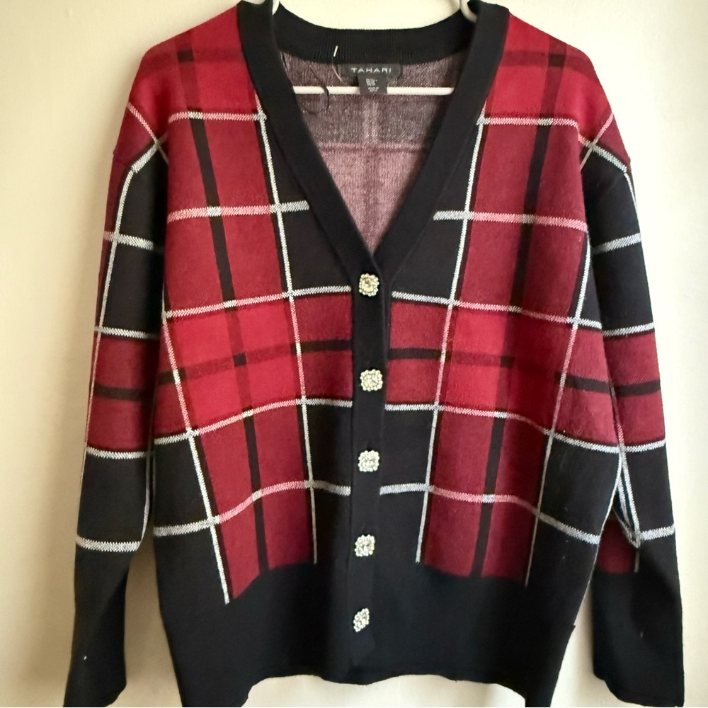 Tahari Plaid Cardigan Red Black Rhinestone Jewel Button Sweater Medium NWOT